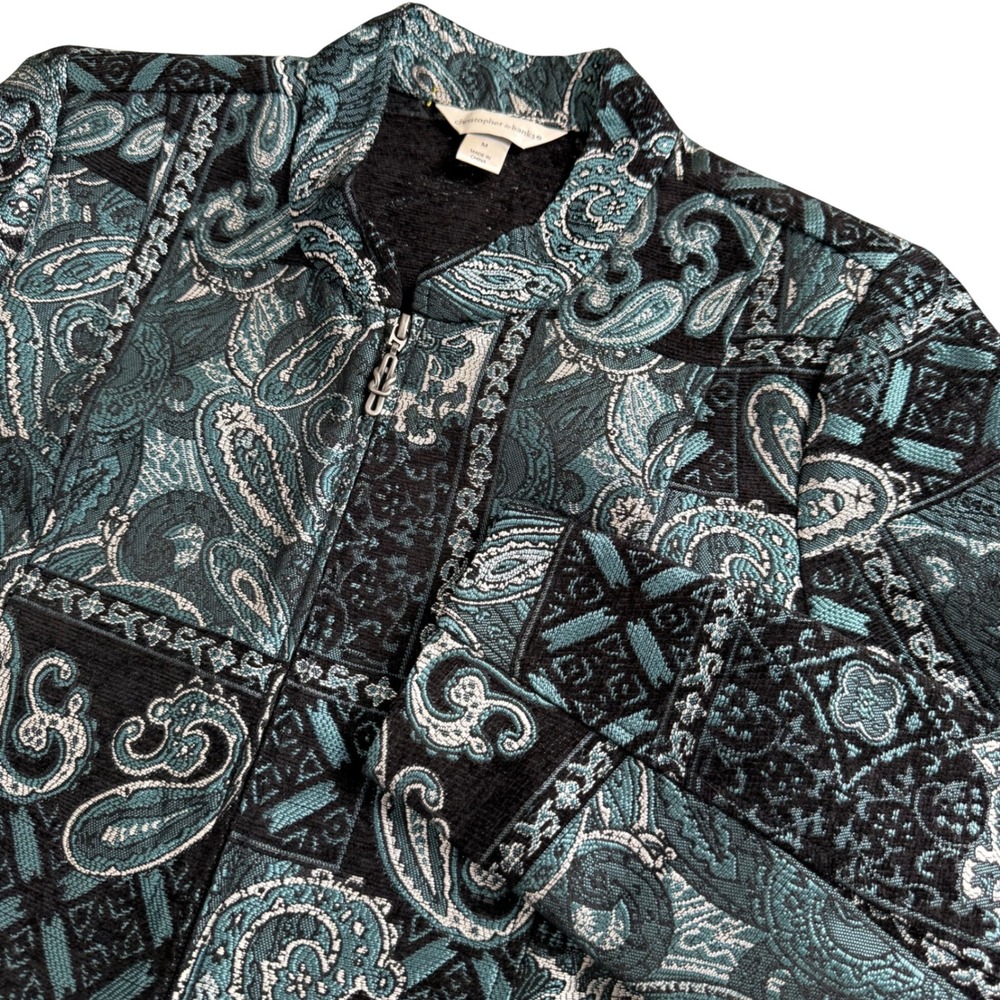 Christopher & Banks Tapestry Jacket Womens M Teal Paisley Zip Mock Neck Metallic
